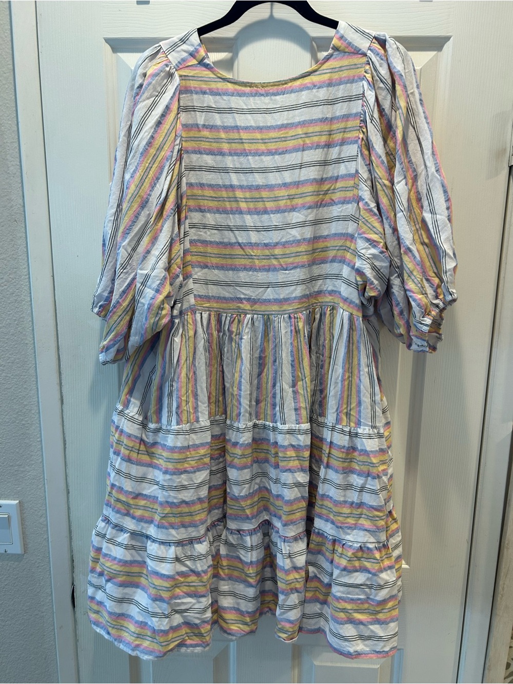 Label of Love XL Striped Tiered Midi Dress Puff Sleeve Coastal Boho - Picture 7 of 13